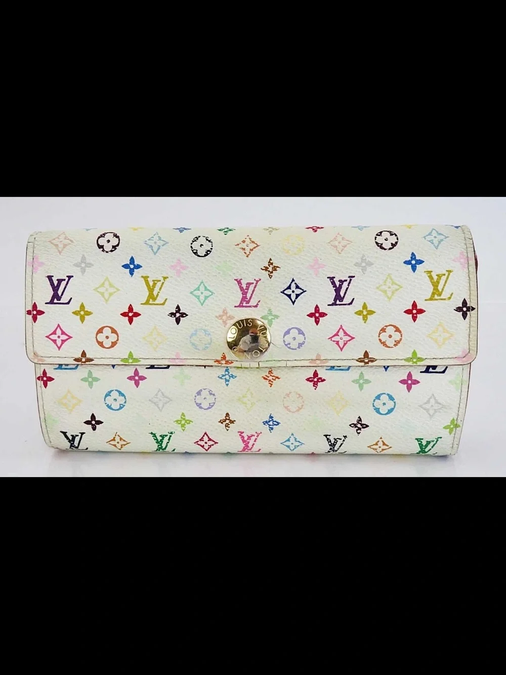 Louis Vuitton Multicolor Monogram White Canvas Wallet with Gold Button